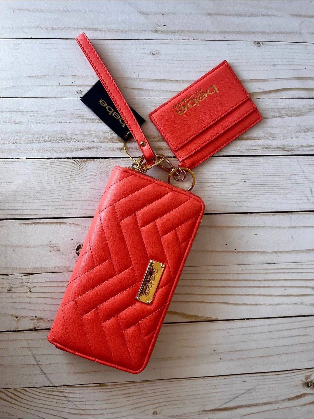 bebe Quilted Wristlet and Card Holder in Coral